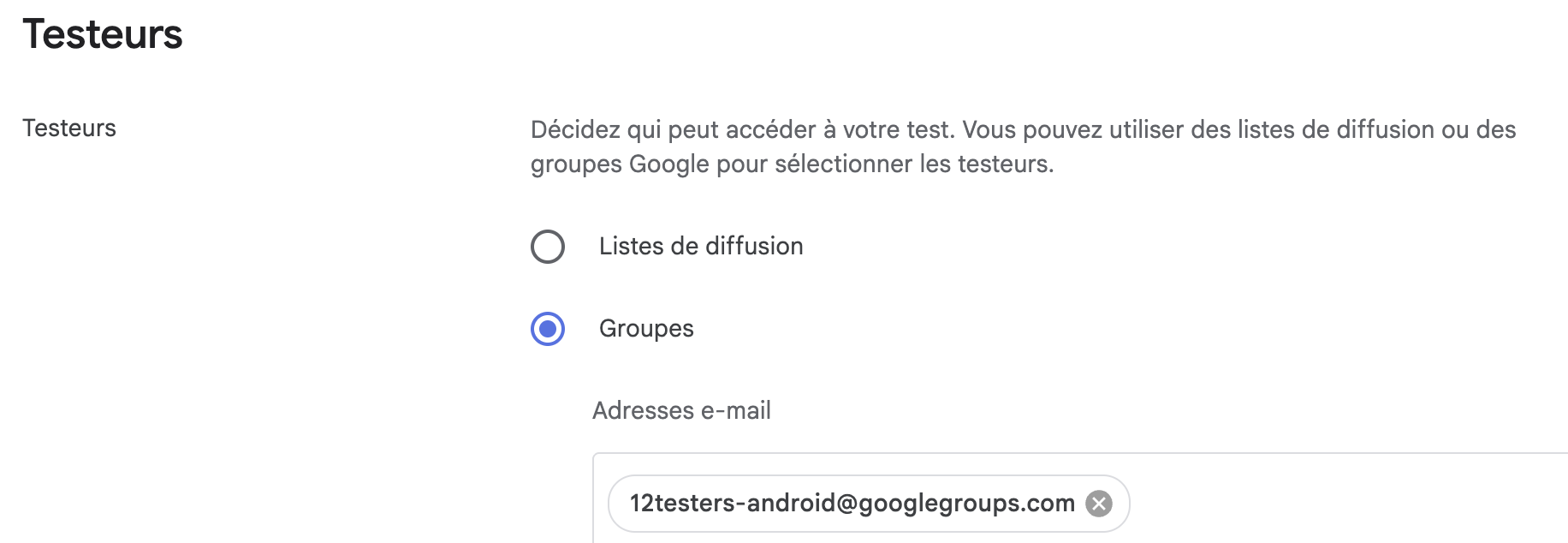 Google Play Console — add testers